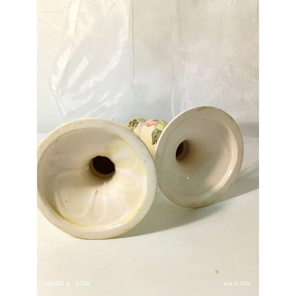 Vintage Hand Painted Floral Ceramic Taper Candle Holders Set Pair Yellow Roses
